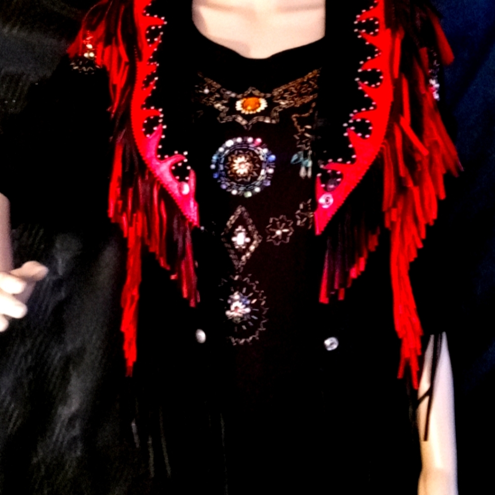 Freedom Brand 100 % leather  Black & Red w/ fringe Women's Vest SZ 6 USA made